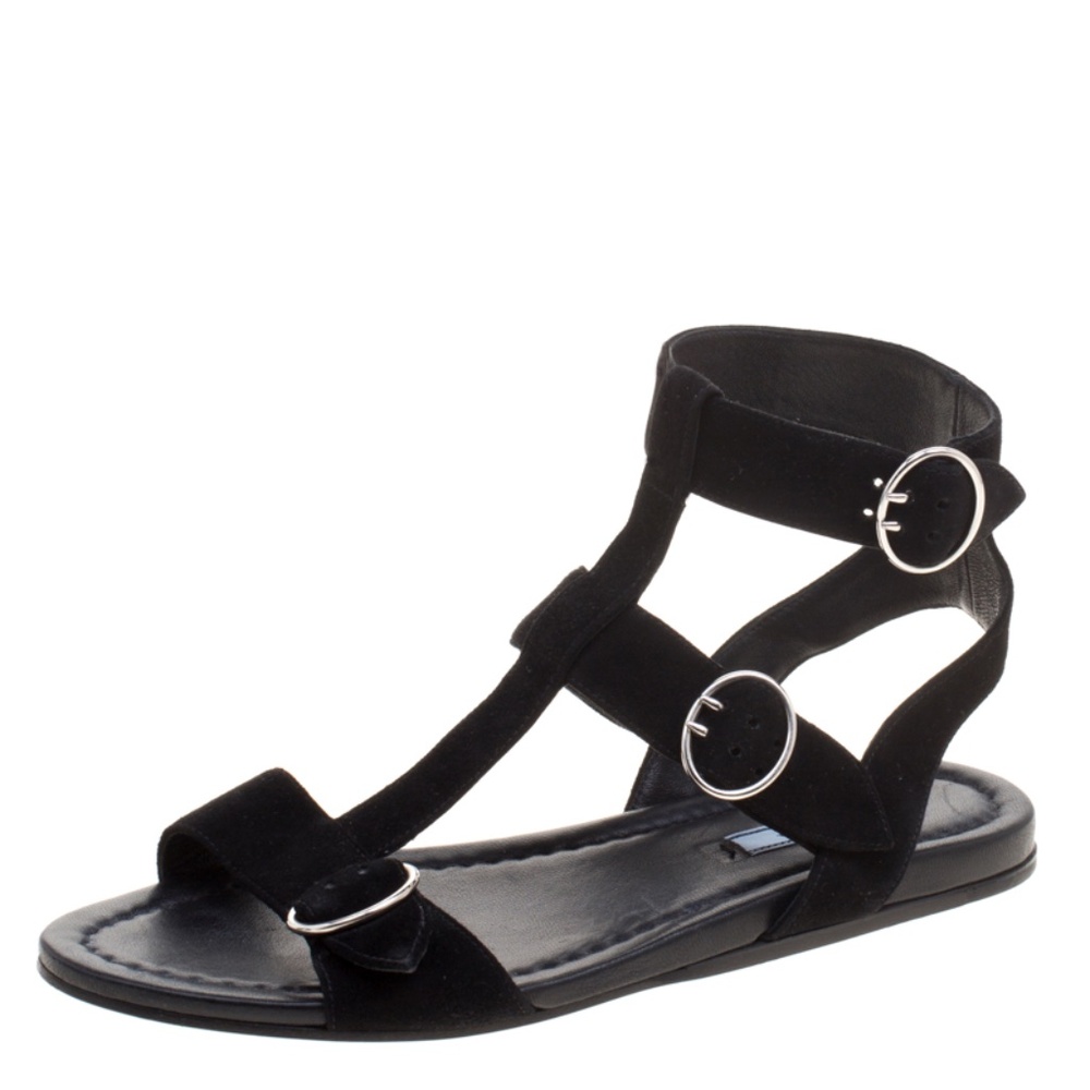 Prada Black Suede Ankle Wrap T Strap Flat Sandals Size 6.5